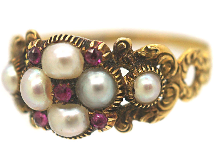 Georgian 15ct Gold, Natural Split Pearl & Ruby Cluster Ring