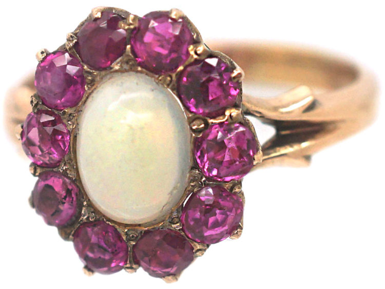 Edwardian 14ct Gold Opal & Ruby Cluster Ring
