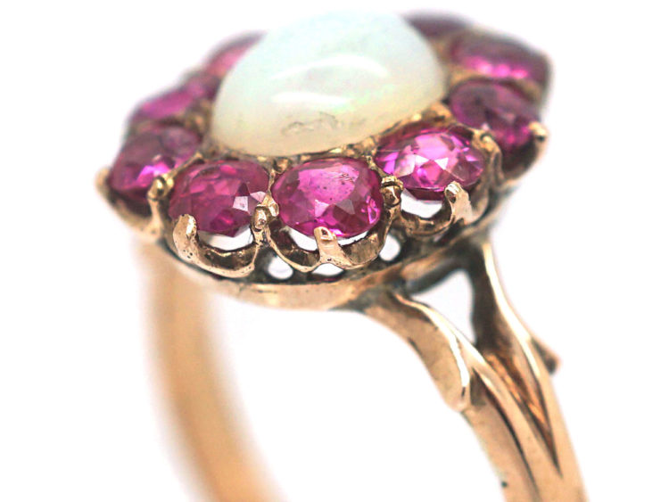 Edwardian 14ct Gold Opal & Ruby Cluster Ring
