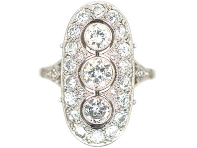 Art Deco Platinum & Diamond Oval Shaped Ring with Three Diamonds Down the Centre