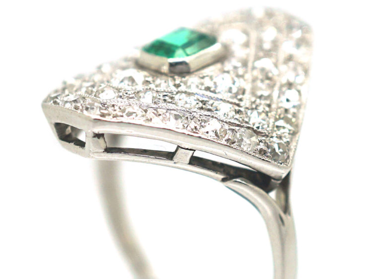 Art Deco Platinum Diamond Shaped Emerald & Diamond Ring