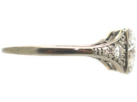 Art Deco 18ct White Gold & Platinum Diamond Set Square Ring with Diamond Set Triangular Shoulders