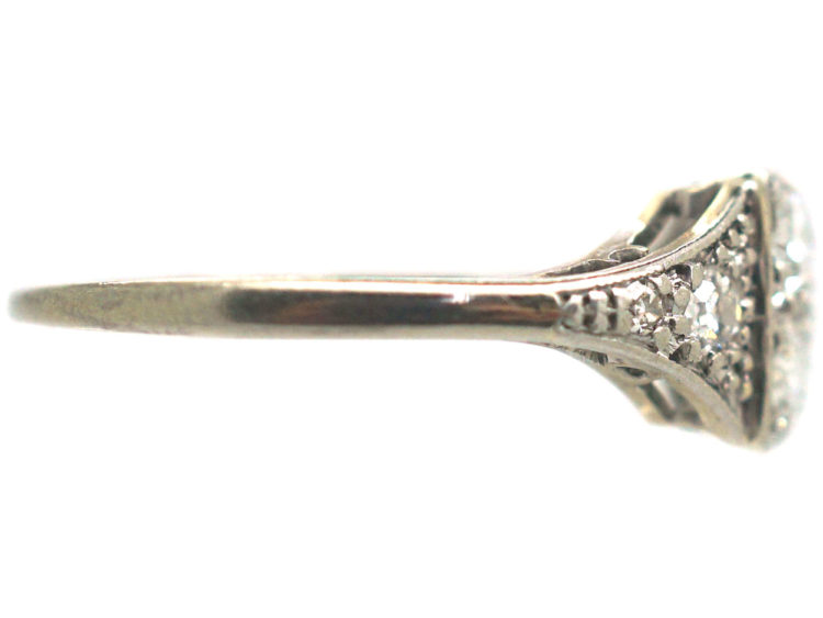 Art Deco 18ct White Gold & Platinum Diamond Set Square Ring with Diamond Set Triangular Shoulders