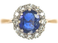 Art Deco 18ct Gold & Platinum, Sapphire & Diamond Oval Cluster Ring