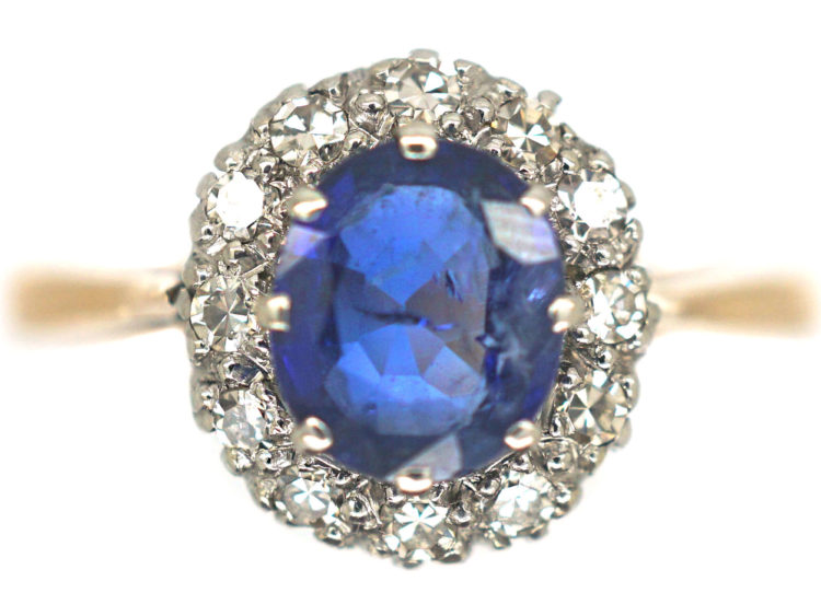 Art Deco 18ct Gold & Platinum, Sapphire & Diamond Oval Cluster Ring