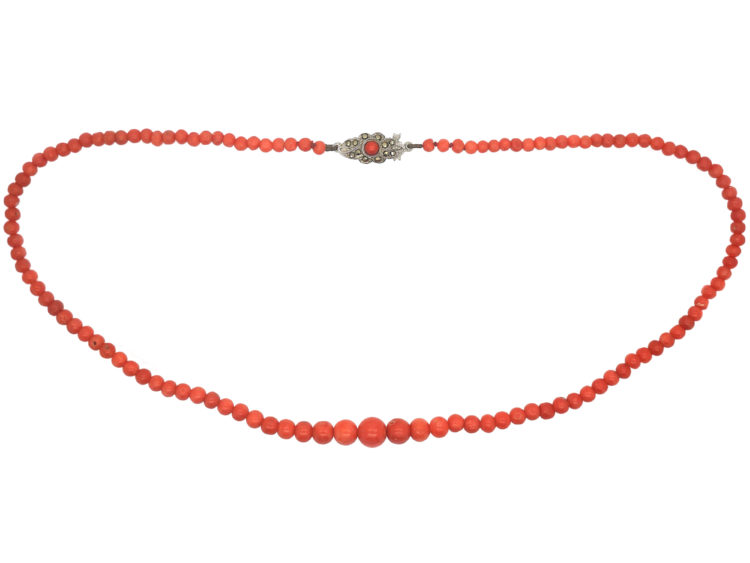 Coral Bead Necklace with Silver & Coral Clasp