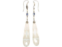 Art Deco 18ct White Gold, Rock Crystal & Sapphire Long Drop Earrings in Original Case