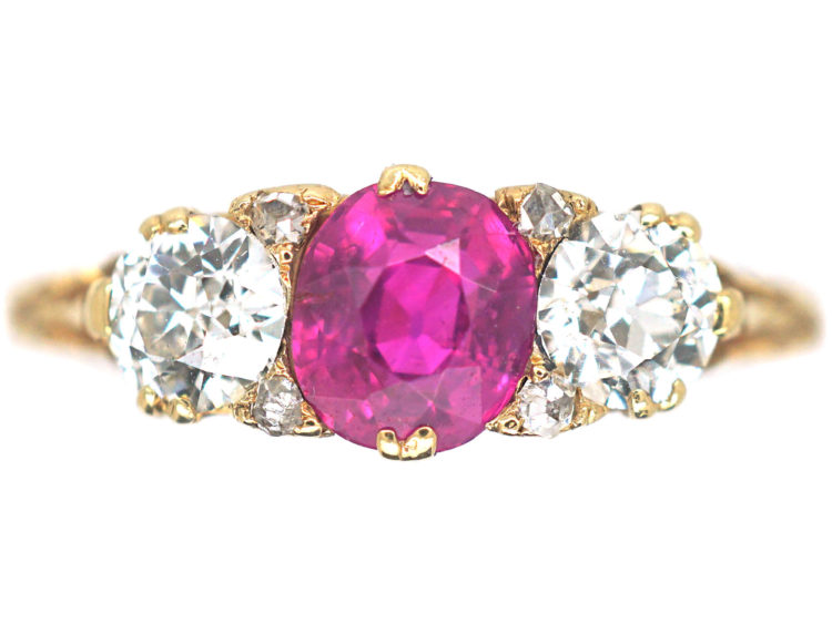 Victorian 18ct Gold, Ruby & Diamond Three Stone Carved Half Hoop Ring