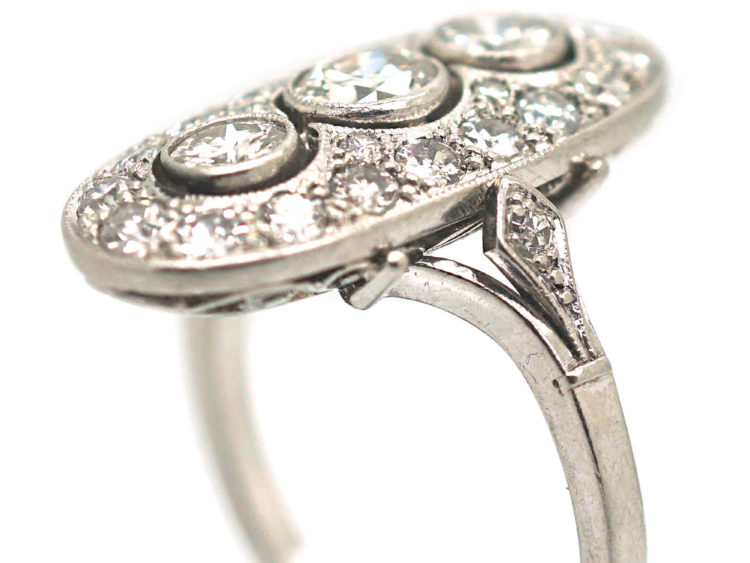 Art Deco Platinum & Diamond Oval Shaped Ring with Three Diamonds Down the Centre