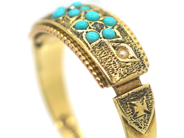 Victorian 15ct Gold Turquoise, Rose Diamond & Natural Split Pearl Forget Me Not Ring
