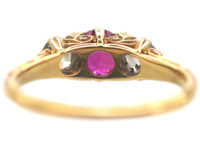 Victorian 18ct Gold, Ruby & Diamond Three Stone Carved Half Hoop Ring