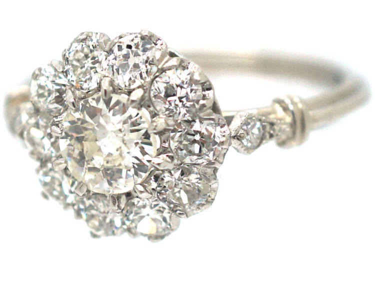 Edwardian Platinum & Diamond Cluster Ring with Diamond Set Shoulders