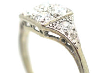 Art Deco 18ct White Gold & Platinum Diamond Set Square Ring with Diamond Set Triangular Shoulders