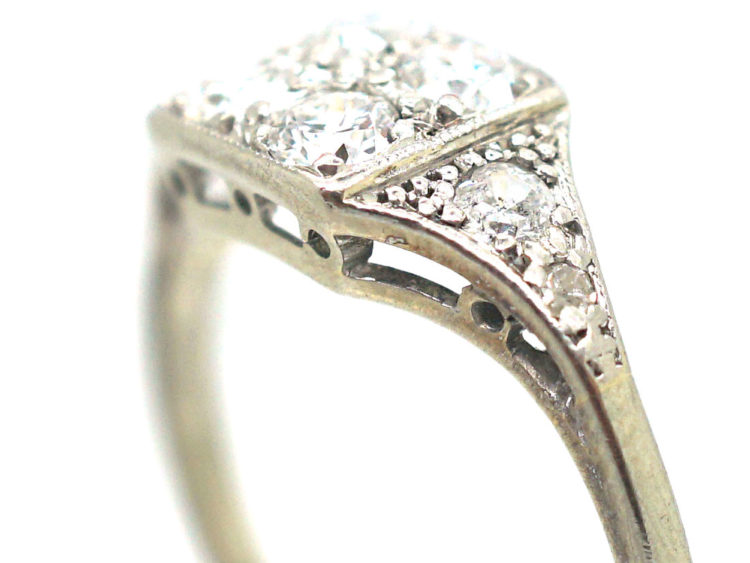 Art Deco 18ct White Gold & Platinum Diamond Set Square Ring with Diamond Set Triangular Shoulders