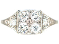 Art Deco 18ct White Gold & Platinum Diamond Set Square Ring with Diamond Set Triangular Shoulders