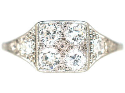 Art Deco 18ct White Gold & Platinum Diamond Set Square Ring with Diamond Set Triangular Shoulders