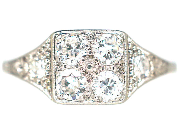 Art Deco 18ct White Gold & Platinum Diamond Set Square Ring with Diamond Set Triangular Shoulders