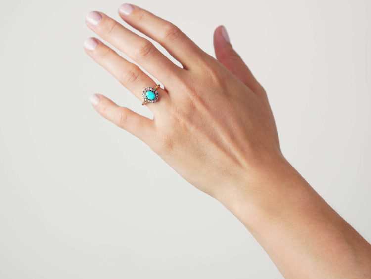 Edwardian 18ct Gold Turquoise & Diamond Cluster Ring