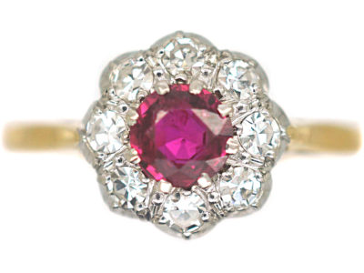 Edwardian 18ct Gold & Platinum Ruby & Diamond Cluster Ring