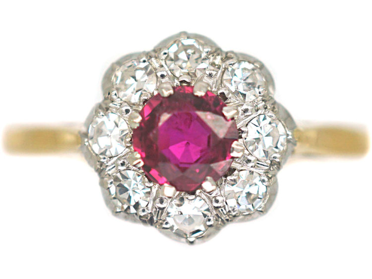 Edwardian 18ct Gold & Platinum Ruby & Diamond Cluster Ring