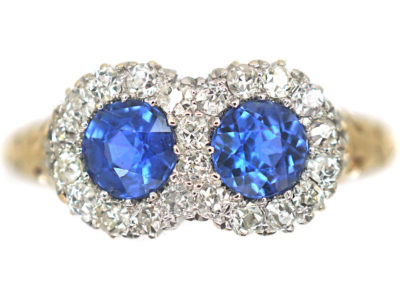 Edwardian 18ct Gold Double Cluster Sapphire & Diamond Ring
