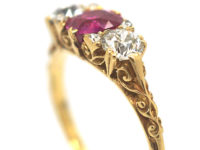 Victorian 18ct Gold, Ruby & Diamond Three Stone Carved Half Hoop Ring