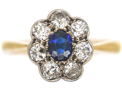 Edwardian 18ct Gold & Platinum, Sapphire & Diamond Oval Cluster Ring