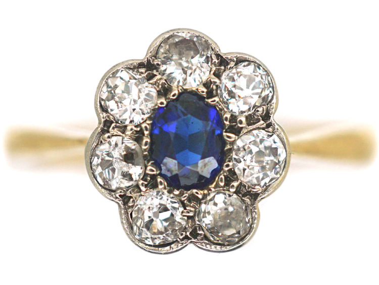 Edwardian 18ct Gold & Platinum, Sapphire & Diamond Oval Cluster Ring