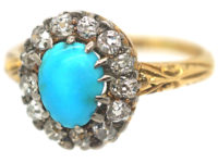 Edwardian 18ct Gold Turquoise & Diamond Cluster Ring