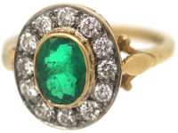 18ct Gold, Emerald & Diamond Oval Cluster Ring