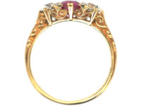 Victorian 18ct Gold, Ruby & Diamond Three Stone Carved Half Hoop Ring