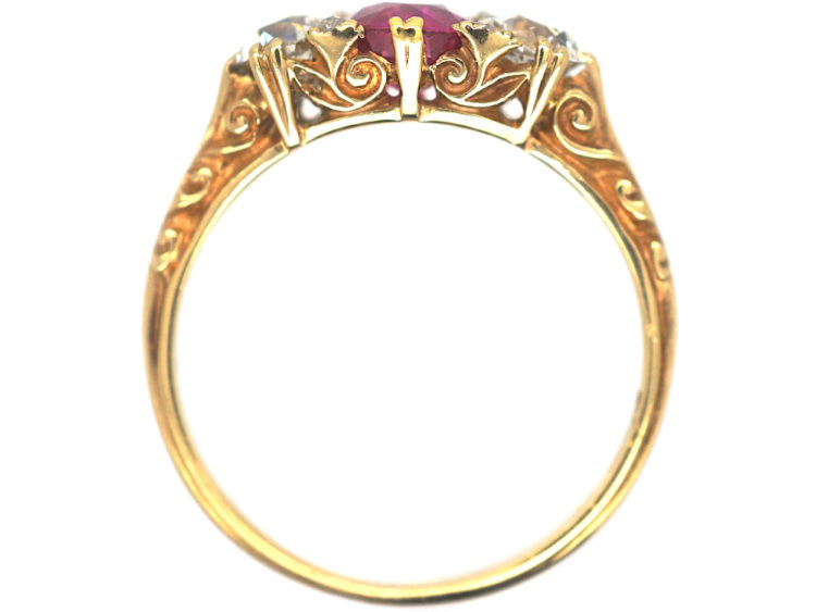 Victorian 18ct Gold, Ruby & Diamond Three Stone Carved Half Hoop Ring