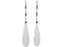 Art Deco 18ct White Gold, Rock Crystal & Sapphire Long Drop Earrings in Original Case