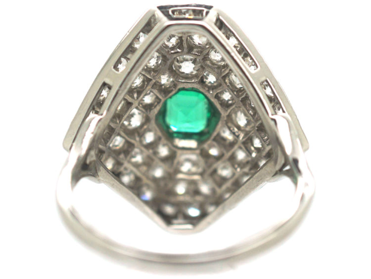 Art Deco Platinum Diamond Shaped Emerald & Diamond Ring