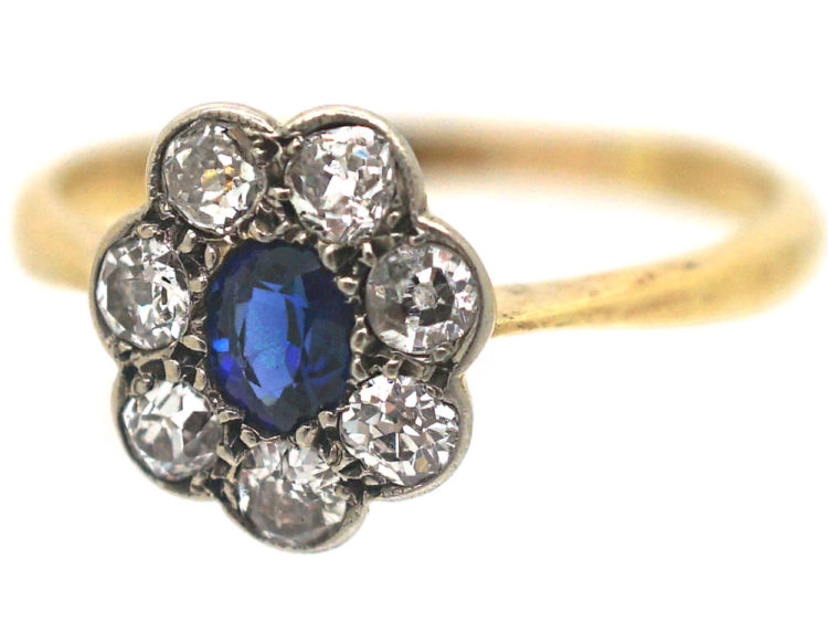 Edwardian 18ct Gold & Platinum, Sapphire & Diamond Oval Cluster Ring