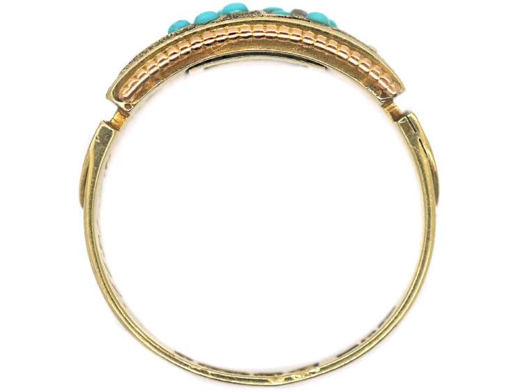 Victorian 15ct Gold Turquoise, Rose Diamond & Natural Split Pearl Forget Me Not Ring