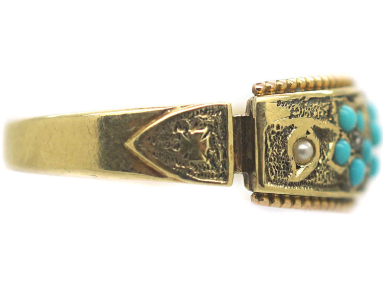 Victorian 15ct Gold Turquoise, Rose Diamond & Natural Split Pearl Forget Me Not Ring