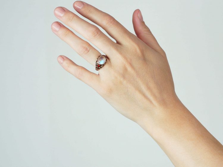Edwardian 18ct Gold, Moonstone, Enamel & Rose Diamond Ring