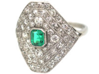 Art Deco Platinum Diamond Shaped Emerald & Diamond Ring