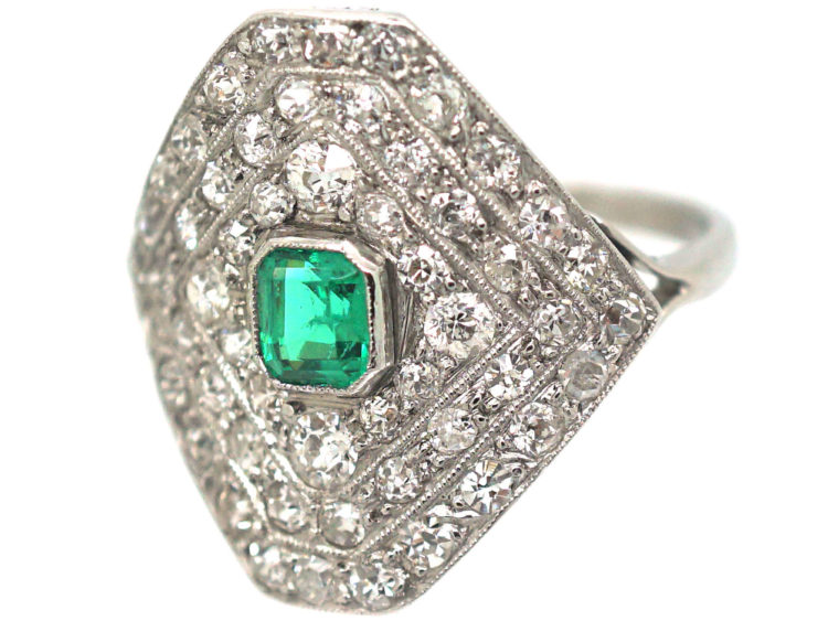 Art Deco Platinum Diamond Shaped Emerald & Diamond Ring