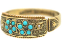 Victorian 15ct Gold Turquoise, Rose Diamond & Natural Split Pearl Forget Me Not Ring