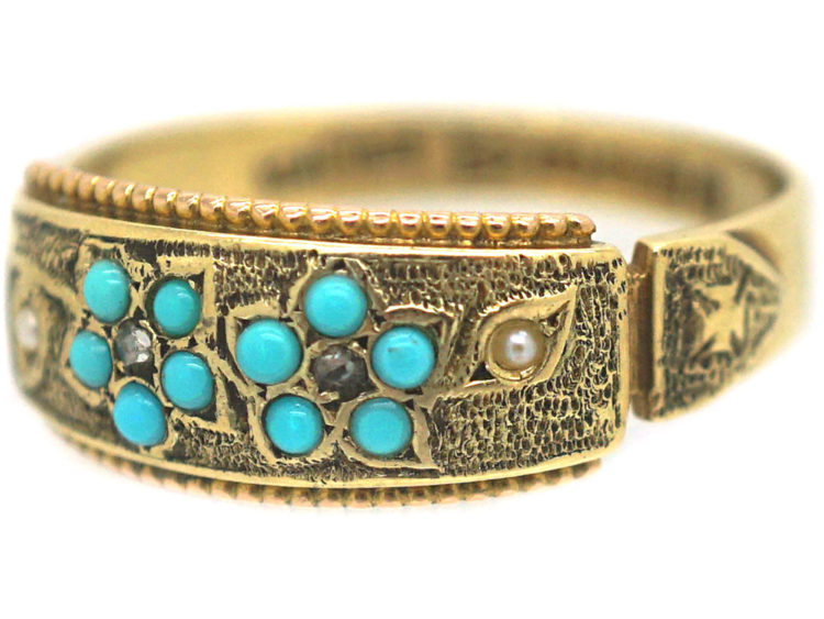 Victorian 15ct Gold Turquoise, Rose Diamond & Natural Split Pearl Forget Me Not Ring