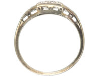 Art Deco 18ct White Gold & Platinum Diamond Set Square Ring with Diamond Set Triangular Shoulders