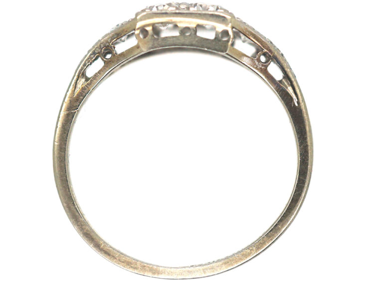 Art Deco 18ct White Gold & Platinum Diamond Set Square Ring with Diamond Set Triangular Shoulders