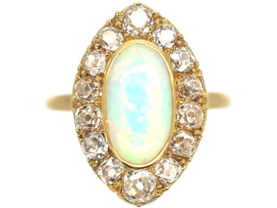 Edwardian 18ct Gold, Opal & Diamond Navette Shaped Ring
