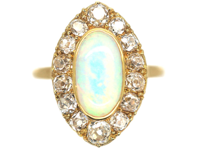 Edwardian 18ct Gold, Opal & Diamond Navette Shaped Ring