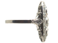 Art Deco Platinum & Diamond Oval Shaped Ring with Three Diamonds Down the Centre