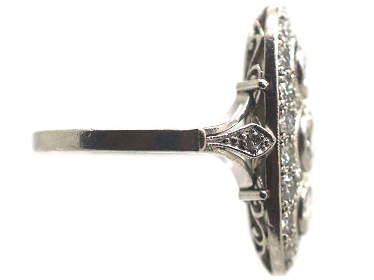 Art Deco Platinum & Diamond Oval Shaped Ring with Three Diamonds Down the Centre