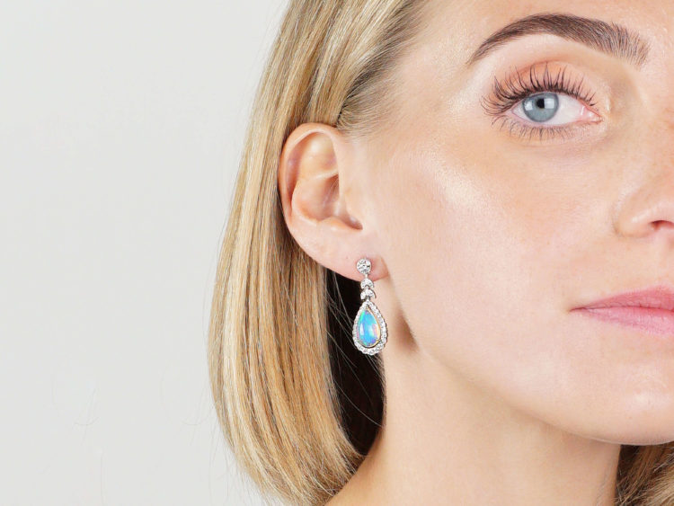 18ct White Gold Opal & Diamond Drop Earrings by Luke Stockley
