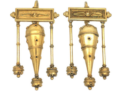 Victorian 15ct Gold Triple Drop Etruscan Revival Earrings